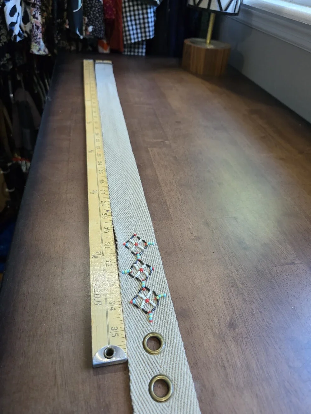 Embroidered Ivory Woven Belt with Brass Hardware Size 13